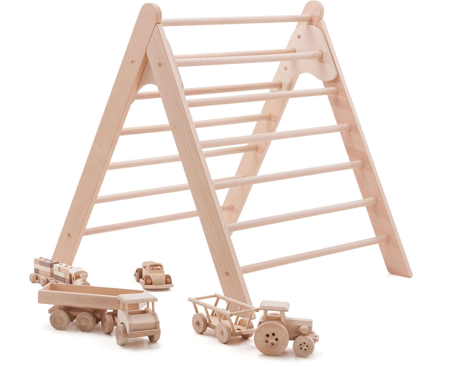 Handgefertigtes Kletterdreieck aus Buchenholz mit Spielzeugautos - Pikler Klettergerät für Kinder, nachhaltig und sicher - Umweltfreundliches Abenteuerdreieck